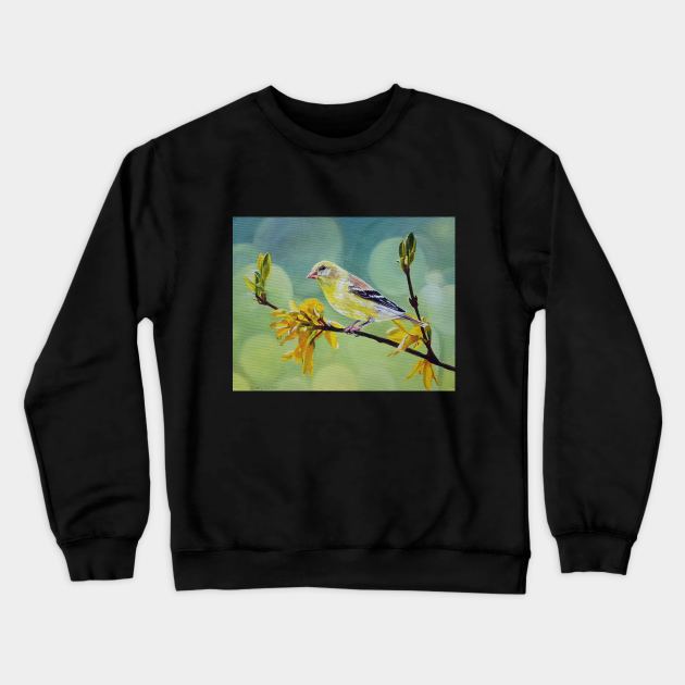 American Goldfinch and Forsythia painting Crewneck Sweatshirt by EmilyBickell